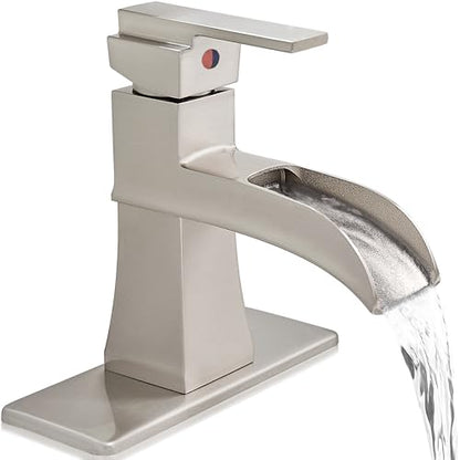 Single Hole Bathroom Faucet 3 Hole (4 Inch), Brass Waterfall Faucet Single Handle, Bathroom Faucets Brushed Nickel Bathroom Sink Faucet with Deck Plate & Pre-Install Hoses Without Pop-up Drain - color: Brushed Nickel - Classic