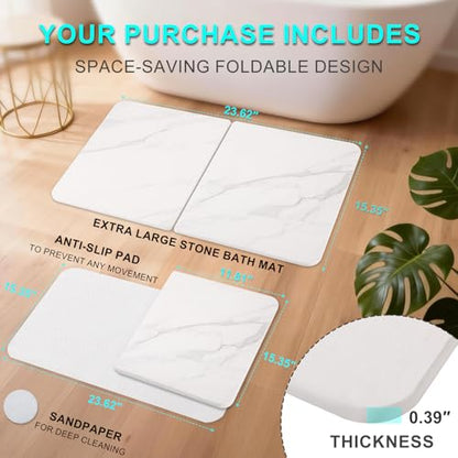 Stone Bath Mat, Foldable Non-Slip Stone Bath Mats for Bathroom 24"x16", Absorbent Quick Dry Diatomaceous Earth Bath Mat, Magic Stone Dish Drying Mat for Kitchen Counter, Pet & Plant - color: White Marble