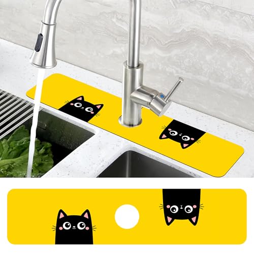 Cute Black Cat Head Kitchen Sink Splash Guard Mat Absorbent Fast Drying Mat Faucet Draining Mat Sink Splash Guard Behind Faucet Drip Catcher for Kitchen Bathroom 5.5"×24" - size: 24" x 24"