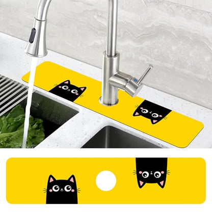 Cute Black Cat Head Kitchen Sink Splash Guard Mat Absorbent Fast Drying Mat Faucet Draining Mat Sink Splash Guard Behind Faucet Drip Catcher for Kitchen Bathroom 5.5"×24" - size: 24" x 24"