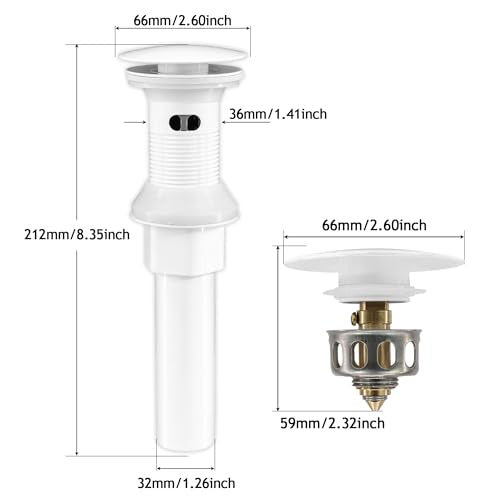 Bathroom Sink Drain,Drain Stopper Bathroom Sink with Overflow,Pop Up Drain Assembly with Detachable Strainer Basket,Built-in Anti-Clogging, Stainless Steel Nut White - color: White-big Cap, style: With Overflow