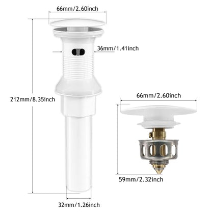 Bathroom Sink Drain,2 Pack White Drain Stopper Bathroom Sink with Overflow,Pop Up Drain Assembly with Detachable Strainer Basket,Built-in Anti-Clogging, Stainless Steel Nut - color: 2 Pack-white-big Cap, style: With Overflow