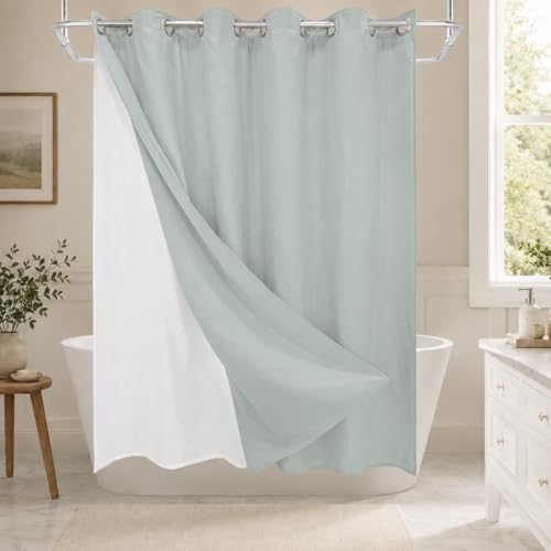 No Hook Shower Curtain Set with Snap-in Detachable Liner, 230 GSM Waffle Weave Fabric, Heavy Duty Water-Repellent, Sage Green, 72 x 86 Inch - color: Sage Green, size: 72"W x 86"L (Pack of 1)