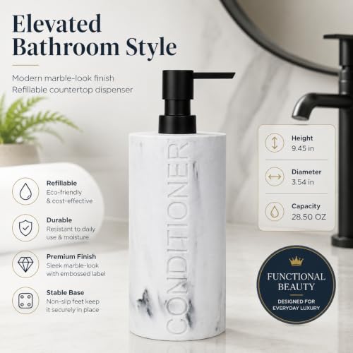 Conditioner Dispenser Luxurious Refillable Pump Bottle with Embossed Text, Durable Construction for Bathroom and Kitchen - color: Conditioner White