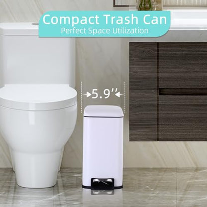 Small Bathroom Trash Can with Lid, 5 Liter/1.3 Gallon Stainless Steel Small Garbage Can with Removable Inner Bucket & Soft-Close Foot Pedal, Slim Trash Can for Bathroom, Bedroom, Office (White) - color: White, size: 1 Pack