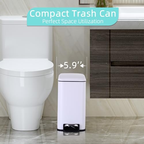Small Bathroom Trash Can with Lid, 5 Liter/1.3 Gallon Stainless Steel Small Garbage Can with Removable Inner Bucket & Soft-Close Foot Pedal, Slim Trash Can for Bathroom, Bedroom, Office (White, 2 PCS) - color: White, size: 2 Pack