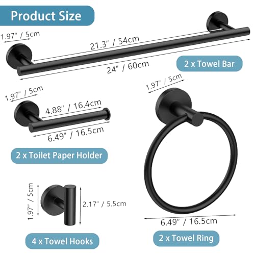 Newfun 10-Pieces Matte Black Bathroom Hardware Set 24 Inch | Includes 24 Inch Towel Racks for Bathroom Wall Mounted, Toilet Paper Holder, Towel Hooks, Towel Rings for Bathroom Wall - color: Matte Black-ring