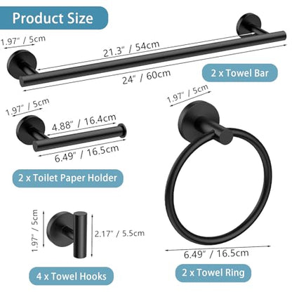 Newfun 10-Pieces Matte Black Bathroom Hardware Set 24 Inch | Includes 24 Inch Towel Racks for Bathroom Wall Mounted, Toilet Paper Holder, Towel Hooks, Towel Rings for Bathroom Wall - color: Matte Black-ring