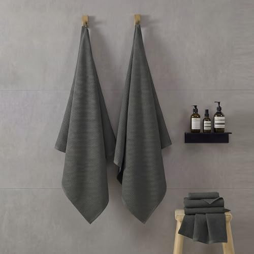 ecolook 6-Piece Waffle Towel Set, 100% Cotton Lightweight - Dark Gray | Absorbent & Quick-Drying, 2 Bath Towels (31×63 in), 2 Hand Towels, 2 Washcloths, Lint-Free for Bathroom, Pool, Gym, Travel - color: Dark Gray