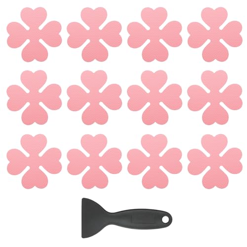 PATIKIL 12 Pcs Non Slip Bathtub Stickers, Anti Slip Shower Stickers with Scraper Bathroom Shower Floor Decals Four Leaf Shape Cute Treads Tubs, Pink - color: Pink