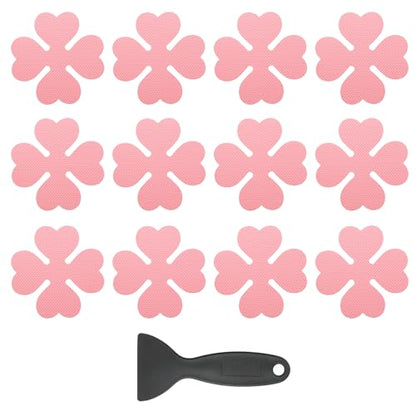 PATIKIL 12 Pcs Non Slip Bathtub Stickers, Anti Slip Shower Stickers with Scraper Bathroom Shower Floor Decals Four Leaf Shape Cute Treads Tubs, Pink - color: Pink