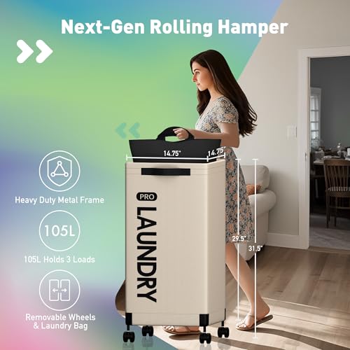 Caroeas Next-Gen 105L Matel Frame Laundry Basket with wheels, Heavy Duty Tall Rolling Laundry Hamper with Removable Wash Bag, Collapsible Freestanding Clothes Hamper (100L,Beige,1Pack) - color: Beige