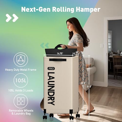Caroeas Next-Gen 105L Matel Frame Laundry Basket with wheels, Heavy Duty Tall Rolling Laundry Hamper with Removable Wash Bag, Collapsible Freestanding Clothes Hamper (100L,Beige,1Pack) - color: Beige