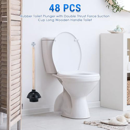 Dandat 48 Pcs Rubber Toilet Plunger with Double Thrust Force Suction Cup Long Wooden Handle Toilet Bowl Plunger Heavy Duty Pump Clogged Solution for Bathroom Stores Restaurants (Black)