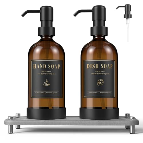 Luxspire 17 oz Glass Liquid Soap Dispenser Set, Amber + Dark Gray, 2 Pack | Anti-drip pump, wide mouth easy refill, non-slip silicone base, 7 waterproof labels, refillable glass for hand dish soap - color: Brown+gray