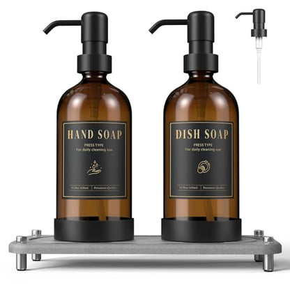 Luxspire 17 oz Glass Liquid Soap Dispenser Set, Amber + Dark Gray, 2 Pack | Anti-drip pump, wide mouth easy refill, non-slip silicone base, 7 waterproof labels, refillable glass for hand dish soap - color: Brown+gray