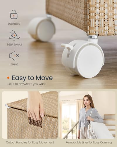 SONGMICS HOME Laundry Hamper with 4 Section, 180 L, Rattan, with Wheels | Rolling Clothes Basket with Lid, Removable Liner with Handles, Tan and White, PEZZO Collection ULCB603N01 - color: Natural Beige + Matte White, size: 180 L
