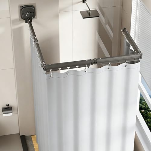 Wall Mounted Folding Shower Curtain, Punch-Free Suction Cups Folding Shower Curtain Rod, Adjustable Heavy Duty Shower Rod with Curtains for Bathroom Bathtub(Gray,5-Folds (Curtain 1.5m x 2m)) - color: Gray, size: 5-Folds (Curtain 1.5m x 2m)