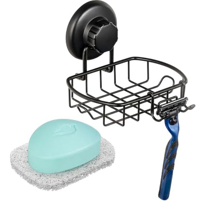 HASKO accessories Suction Soap Dish with Hooks - Super Powerful Vacuum Suction Cup Shower Soap Holder - Rustproof Stainless Steel SS304 Soap Basket - Sponge Holder for Bathroom & Kitchen (Black) - color: Black
