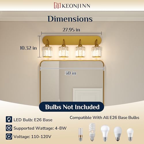 Keonjinn 4-Light Bathroom Light Fixtures, Crystal Gold Bathroom Vanity Lights Over Mirror, Vanity Lighting Fixtures with Crystal Square Shades (E26 Socket, Exclude Bulb) - color: Gold, size: 4-Light
