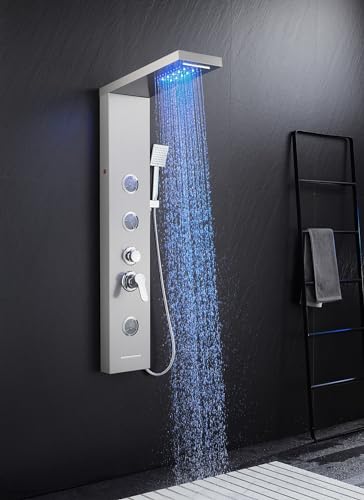 5 in 1 Shower Panel Tower System with LED Lights, Rainfall and Waterfall Shower Head, 3 Pcs Adjustable Body Jets, Handheld Shower, Tub Spout (Brushed Nickel) - color: Brushed Nickel - 2-in-1 Body Jets