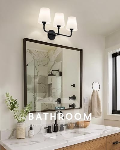 Bathroom Light Fixtures, Matte Black Vanity Lights with Flared White Fabric Shade, 3 Light Wall Sconce, Modern Sconces Wall Lighting for Hallway Bedroom, VL837-MB-3 | 24.5" bathroom light fixtures over mirror, upward only, E26 base, bulbs not included, VL
