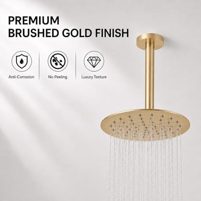 8 Inch Rain Shower Head, BSTIIU High Flow Stainless Steel Round Rainfall ShowerHead, High Pressure Overhead Shower Heads, Wall & Ceiling Mount Ultra Thin Stainless Steel Shower Head, Brushed Gold - color: Brushed Gold, size: 8-Inches, style: Round