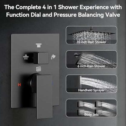 Shower System with Body Jets, Bostingner Four Modes Shower Faucet Sets with Handheld Spray 2 Ways, 4Pcs Shower Body Jets in Wall,10"+6" Rain Shower Head, Matte Black Shower Sets Complete - color: Matte Black, size: 6+10 inch