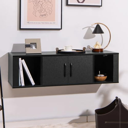 Giantex Wall Mounted Storage Cabinet 2 Cube Floating Media Hanging Desk W/2 Doors and 2 Open Shelves, Home Office Furniture for Kitchen, Bathroom, Living Room Floating Console Hutch (Black) - color: Black