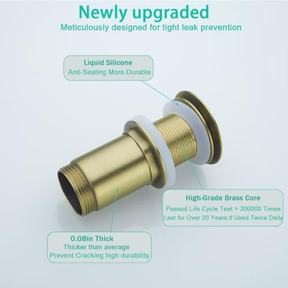 All Metal Bathroom Sink Drain,Pop-up Drain with Detachable Basket Stopper,Anti-Clogging Drain Strainer,Hair Catcher,for Vanity Vessel Sink Without Overflow,Brushed Gold,SE83997PB-BG - color: Brushed Gold(without Overflow)