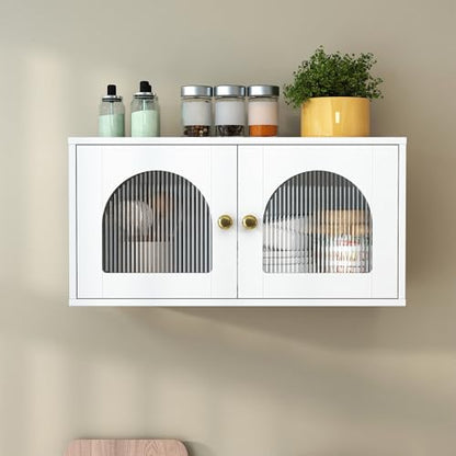 White Wall Mounted Cabinet, Glass Door Floating Bathroom Kitchen Organizer | Heavy-duty premium tempered glass panelling、Fixed internal shelves for wobble-free stability