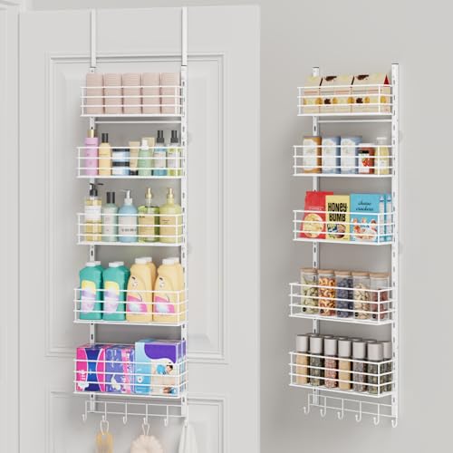 SWTYMIKI Over The Door Organizer - Door Organizer Hanging with 5 Adjustable Metal Large Capacity Basket and 6 Coat Hook, Wall Mounted Shelf for Bedroom Closet Bathroom Laundry Pantry Cabinet Kitchen - color: White, size: 5-Tier