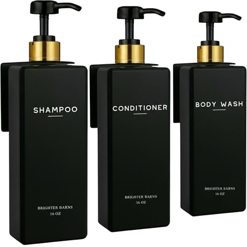 Black Shampoo and Conditioner Dispenser Set Wall Mounted by Brighter Barns - Shampoo Conditioner Body Wash Dispensers 3 Chamber No Drill - Refillable Shower Bottles for Guest Bathroom, Airbnb (Black) - color: Black