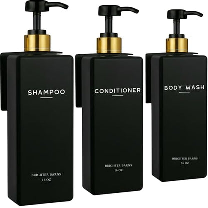 Black Shampoo and Conditioner Dispenser Set Wall Mounted by Brighter Barns - Shampoo Conditioner Body Wash Dispensers 3 Chamber No Drill - Refillable Shower Bottles for Guest Bathroom, Airbnb (Black) - color: Black