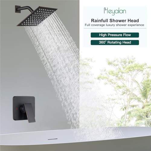 Heyalan 8 Inch Square Rain Shower Faucet Set with Valve, Oil Rubbed Bronze | Female-thread 1/2-inch NPT connections, SUS304 shower head, brass rough-in valve, single-handle control Shower Set - color: Bronze, size: 8 Inch Square Shower Head