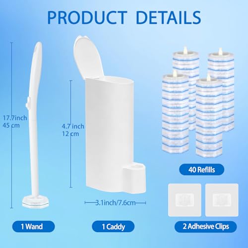 Disposable Toilet Brush and Holder Set, 40 Pre-Filled Refills | 5X Powerful No-Shed Pads, 360° Deep Toilet Bowl Clean, Toilet Bowl Cleaner with Storage Caddy & Adhesive Hooks - size: Toilet Brush Set + 40 Refill Heads