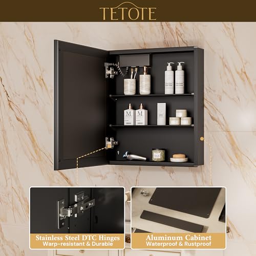 TETOTE 20 x 26 Lighted Bathroom Medicine Cabinet with Adjustable Shelves, Black Aluminum Cabinet, Anti-Fog Stepless Dimmable 3 Colors White/Warm/Natural, Easy to Install(Wall Mount/Recessed) - color: Black, size: 26"L x 20"W