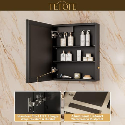 TETOTE 24 x 32 LED Bathroom Medicine Cabinet with Adjustable Shelves, Black Aluminum Cabinet, Anti-Fog Stepless Dimmable 3 Colors White/Warm/Natural, Easy to Install(Wall Mount/Recessed) - color: Black, size: 32"L x 24"W
