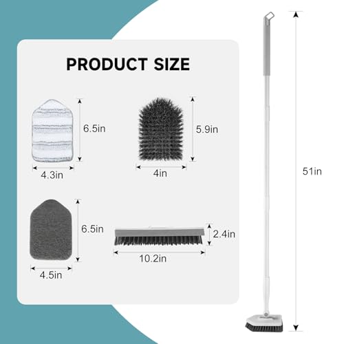 nacena Shower Scrubber with Long Handle, 4 in 1 Tile Tub Scrubber Brush with 3 Detachable Cleaning Heads and V-Shaped Grout Brush Shower Cleaner Brush for Bathroom Kitchen Toilet Tub Sink, Grey White - color: Grey White, size: 2 pads+brush