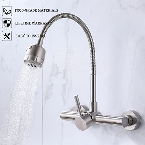 Wall Mount Faucet 8"" Center, with Flexible Hose and Dual Functional Sprayer - color: Style A, Brushed Nickle