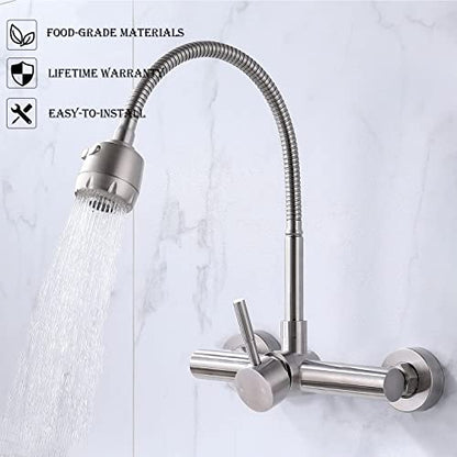 Wall Mount Faucet 8"" Center, with Flexible Hose and Dual Functional Sprayer - color: Style A, Brushed Nickle
