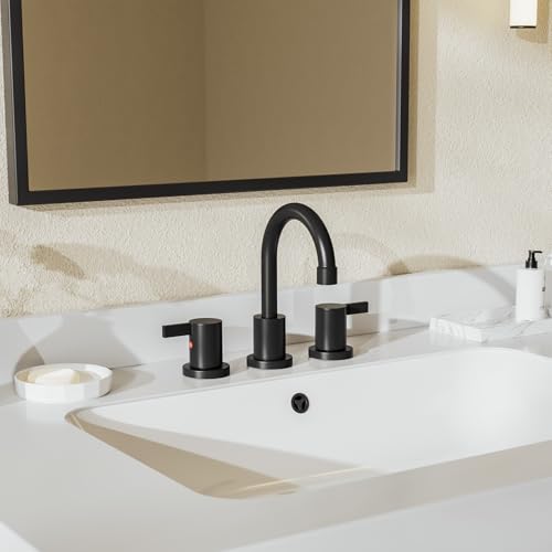8 Inch 3-Hole Matte Black Widespread Bathroom Sink Faucet with Valve and Metal Pop-Up Drain Assembly, 2-Handle Low-Arch Bathroom Faucets Three Hole, WF15-1-MB