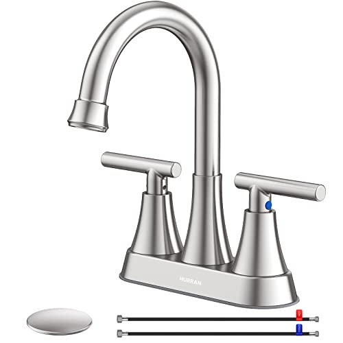 Bathroom Faucet, Hurran 4 inch Centerset 2-Handle Lead-Free, Brushed Nickel | Bathroom Sink Faucet with Pop-up Drain and Supply Lines, Stainless Steel Faucet for Vanity RV Restroom Laundry Outdoor Sink - color: Brushed Nickel