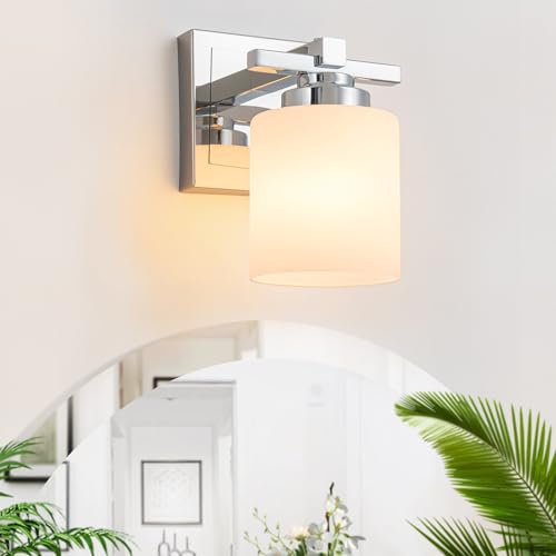 Modern Bathroom Light Fixtures Over Mirror, Vanity Lights for Bathroom Wall Sconces with Milky White Glass Shades, E26 Socket (Bulbs Not Included), 1 Light, Chrome - color: Chrome - Milky White Glass Shades, size: 1-Light