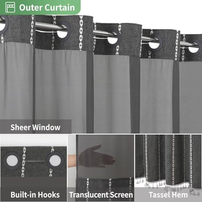 eachope No Hook Long Shower Curtain Set with Snap-in Fabric Liner,Linen Textured Thick Striped Fabric with Tassels,Boho Farmhouse Rustic Luxury Bathroom Curtain,Water-Repellent,Charcoal Grey,71x80 | 230GSM Thick Fabric,Hotel Luxury Decor,Mesh Top Window,W