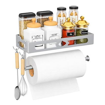 Wall Mount Paper Towel Holder with Shelf for Bathroom Kitchen,Silver 2Hooks | Metal Spice Rack, Easy One-Hand Tear Design Mounted Hanging Hand Paper Towel Roll Holder for RV, Home(Self Adhesive or Drill) - color: Silver