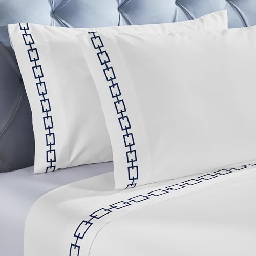 Superior Embroidered Cotton Bed Sheet Set, 1 Elastic Deep Pocket Fitted Sheet, 1 Flat Sheet, 2 Pillowcases, Daily Soft Sheets, Luxury, Unique Design, Chain Links Collection, King Size, White/Navy Blue - color: White-navy Blue, size: King
