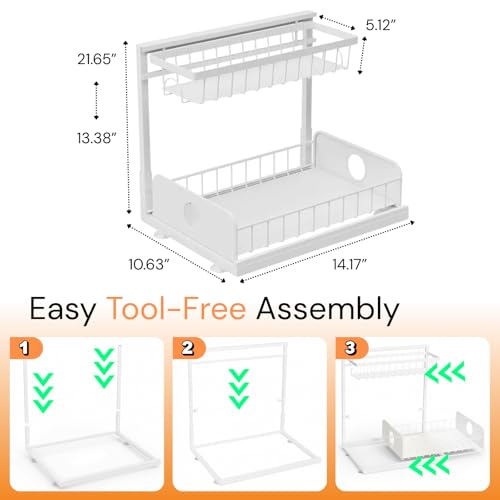 Under Sink Organizer, 1 Pack, 2 Tier Pull Out Sliding Shelf, Adjustable Height, Heavy Duty, Cabinet Organizer for Kitchen Bathroom, Tool-Free Install, White