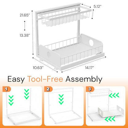 Under Sink Organizer, 1 Pack, 2 Tier Pull Out Sliding Shelf, Adjustable Height, Heavy Duty, Cabinet Organizer for Kitchen Bathroom, Tool-Free Install, White