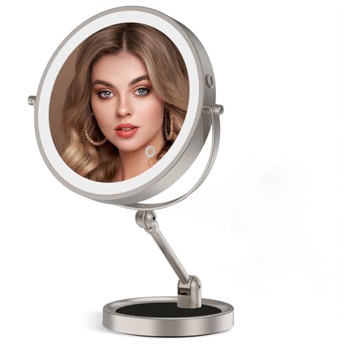 Tabletop Makeup Mirror with Built-in Vanity Tray, 9" Rechargeable 4000mAh Lighted Vanity Mirror 1X/10X Magnification, Height-Adjustable Arm, 3 Color Dimmable (9Inch Nickel) - color: 9inch Nickel